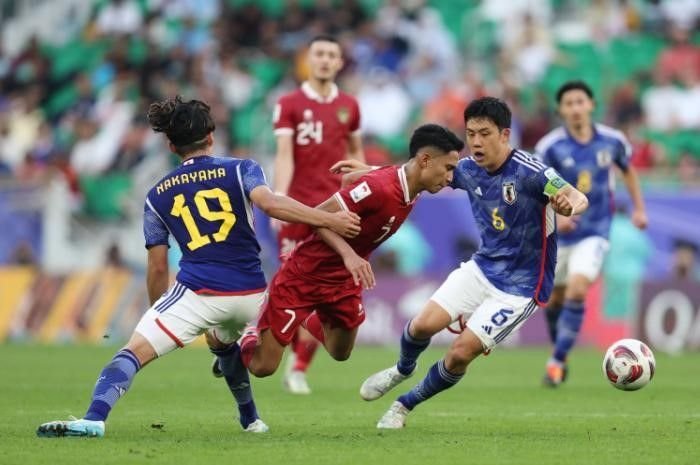 Potret Timnas Indonesia vs Timnas Jepang dalam laga fase grup AFC Asian Cup 2024, pada 24 Januari 2024.
