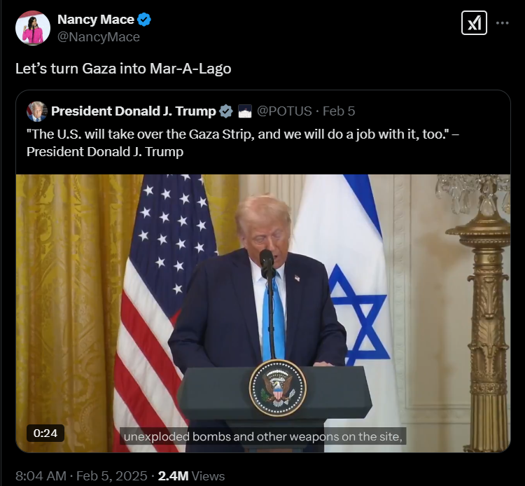Cuitan anggota kongres AS, Nancy Mace terkait perubahan Gaza menjadi seperti Mar-A-Lago milik Presiden Trump.