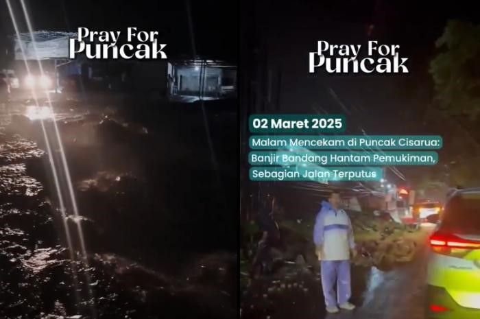 Potret video amatir peristiwa banjir bandang di kawasan Puncak Bogor, Jawa Barat, pada Minggu, 2 Maret 2025.