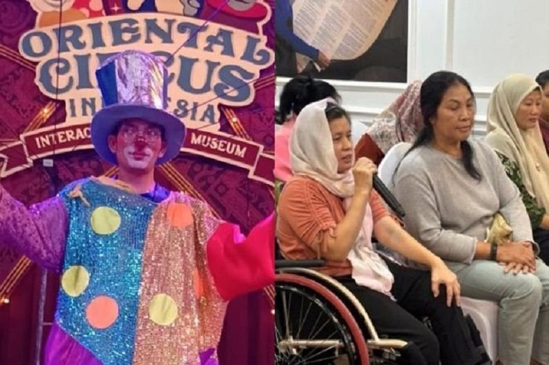 Potret pemain sirkus Oriental Circus Indonesia (OCI) Taman Safari (kiri) dan korban eks pemain sirkus (kanan).
