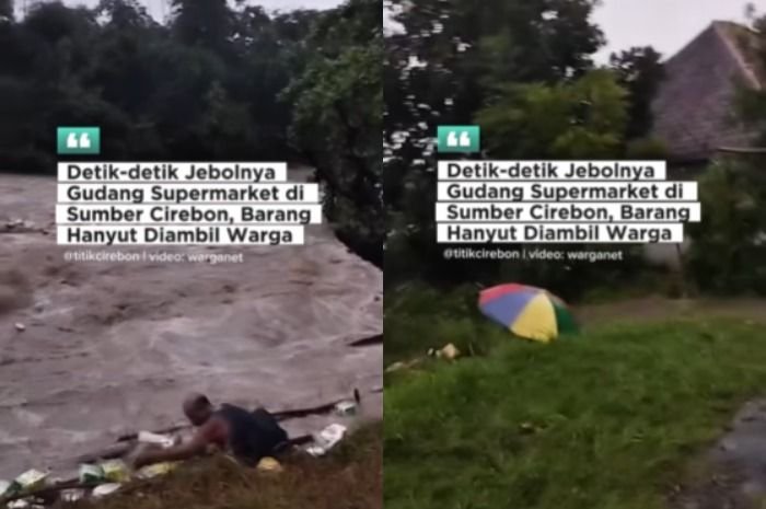 Menyoroti insiden jebolnya isi gudang supermarket di Cirebon, warga berlarian ambil barang yang hanyut di sungai.