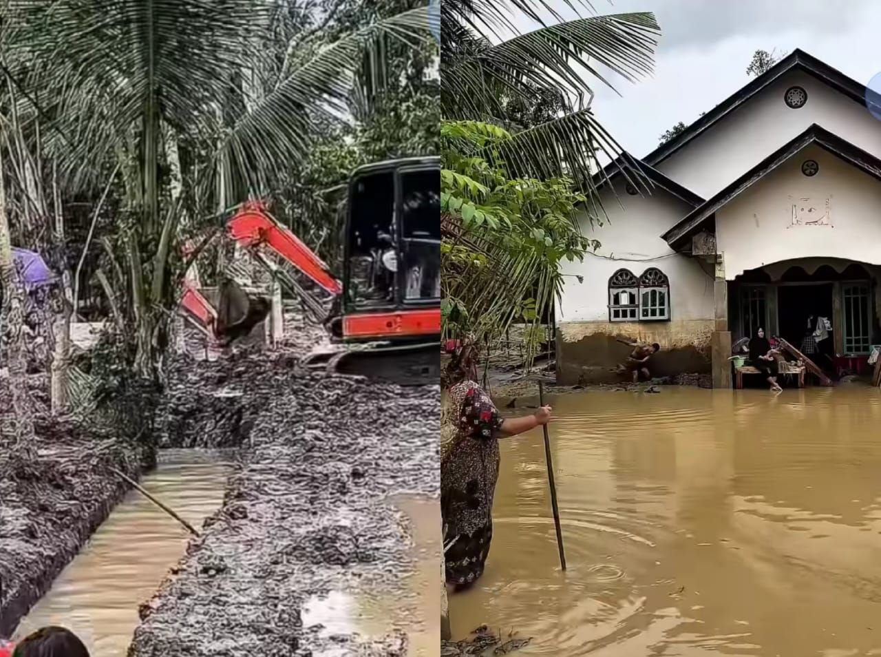 Warga di Aceh Timur harus menggunakan alat berat untuk bersihkan lumpur yang mengendap di rumahnya.