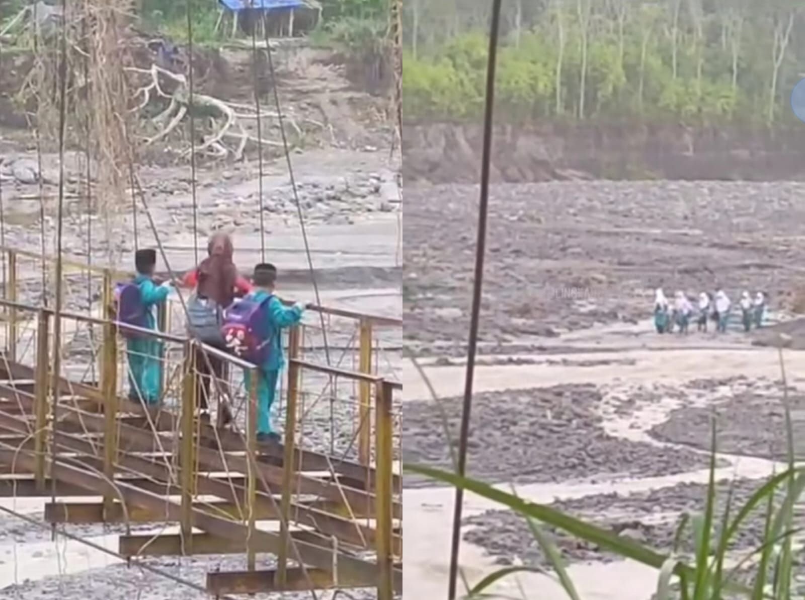 Warga Desa Segene Balik, Aceh Tengah menggunakan jembatan gantung yang rusak untuk menyeberangi sungai.