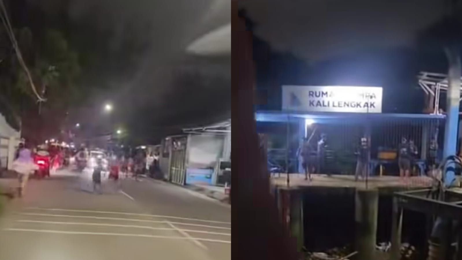 Warga Bekasi berlarian saat sirine peringatan banjir berbunyi.
