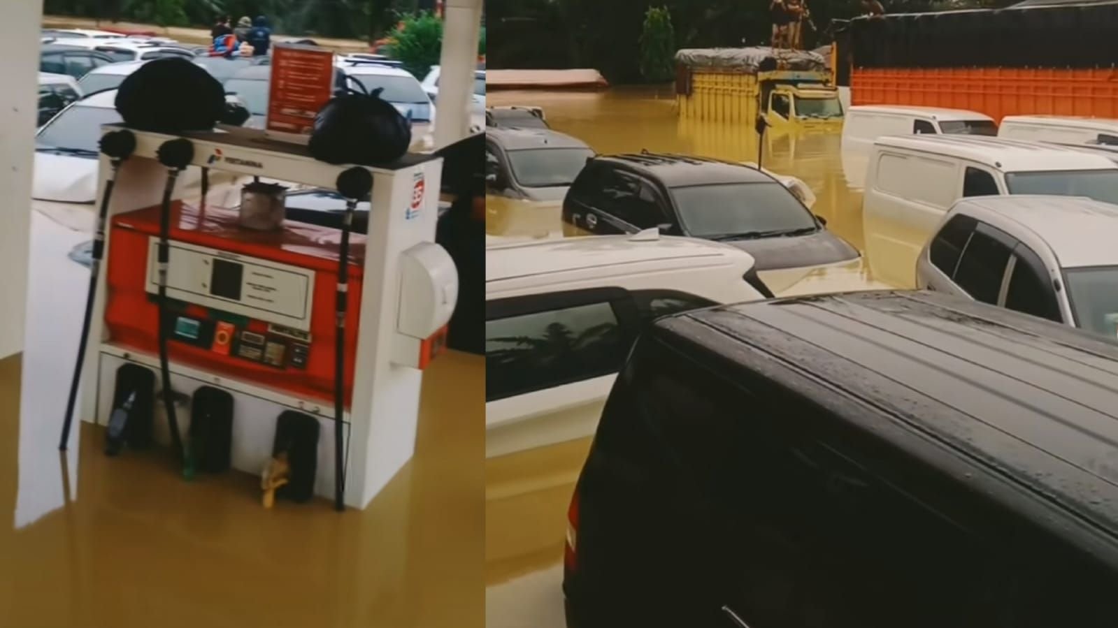 Momen warga Aceh Tamiang menyelamatkan diri saat banjir ketika terjebak SPBU.