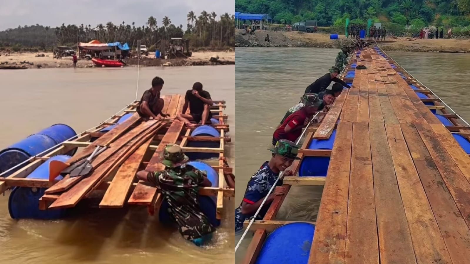 Jembatan apung di Kecamatan Sawang, Aceh Utara hampir rampung usai lebih dari 2 bulan pascabanjir.