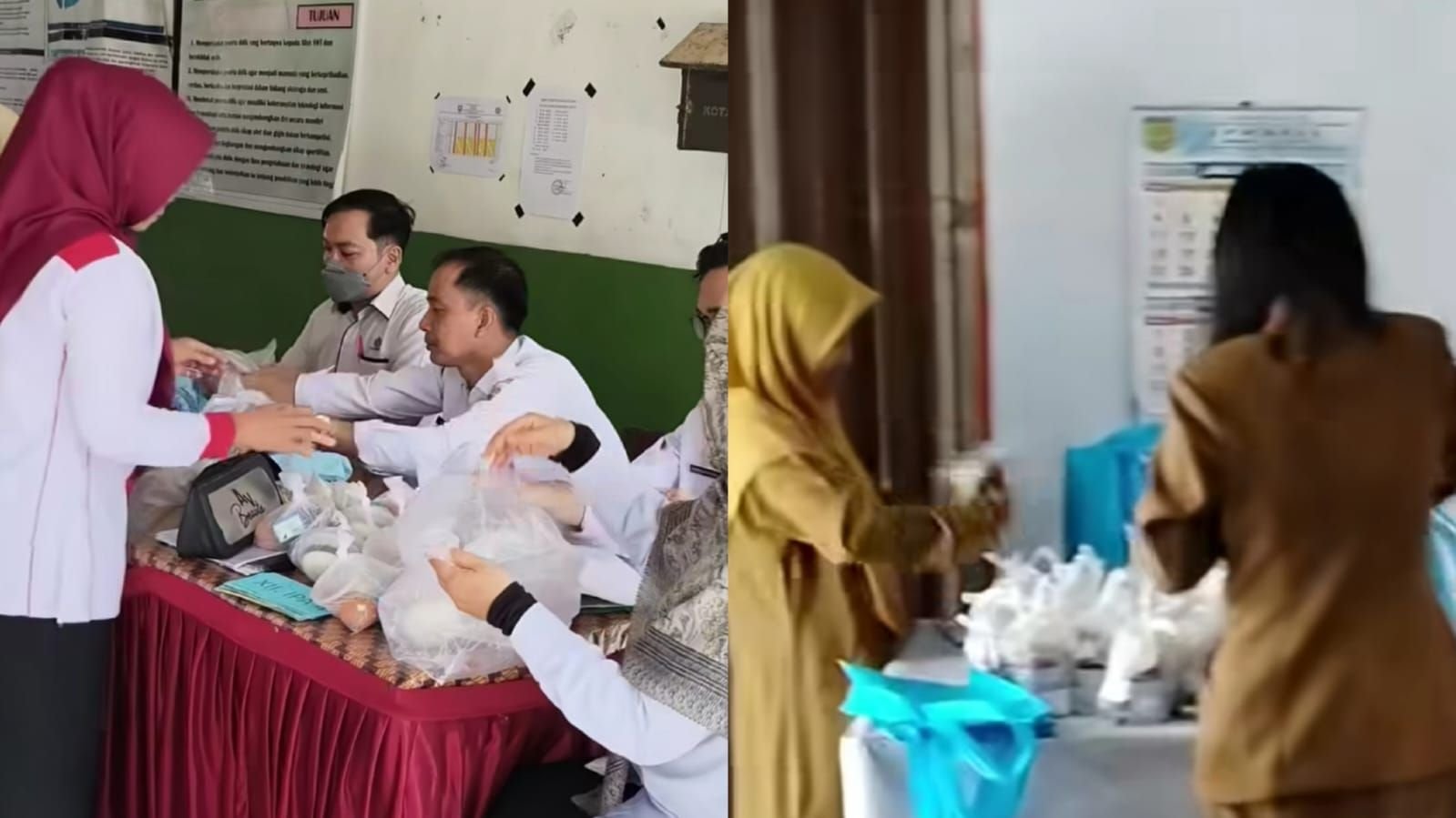Guru memindahkan menu MBG dari tote bag sebelum dibagikan ke siswa.