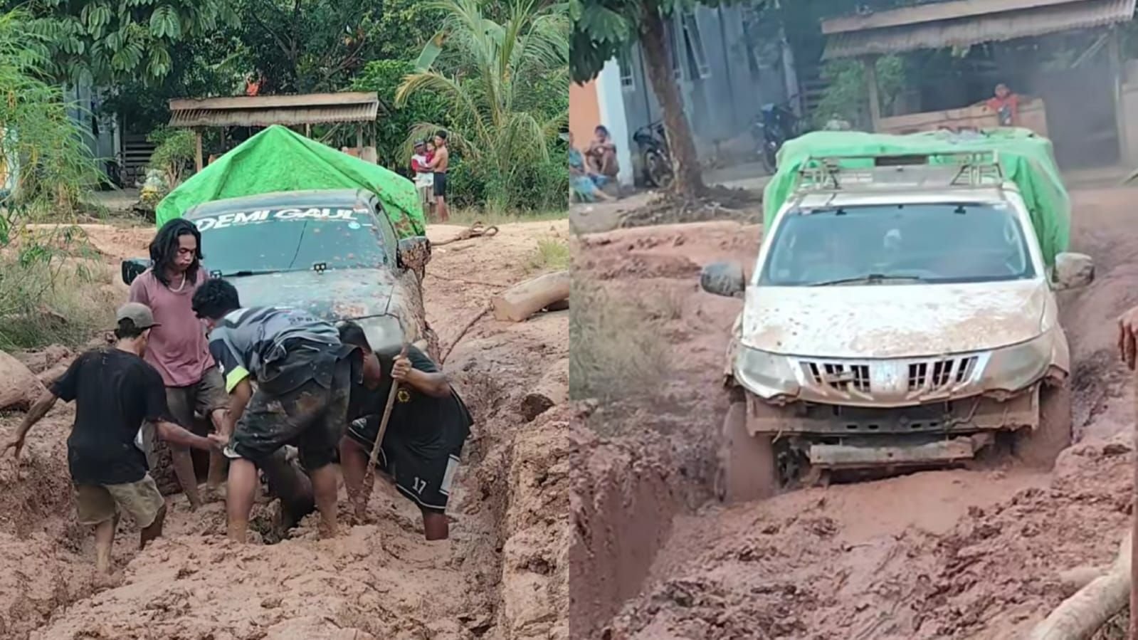 Jalan rusak di Bedayan, Kabupaten Sintang, Kalimantan Barat.