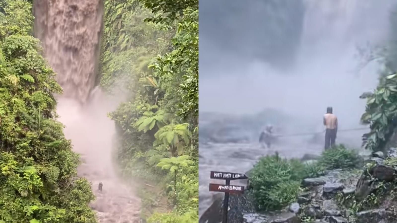 Wisatawan terjebak di Curug Gomblang, Banyumas saat tiba-tiba debit air meningkat.