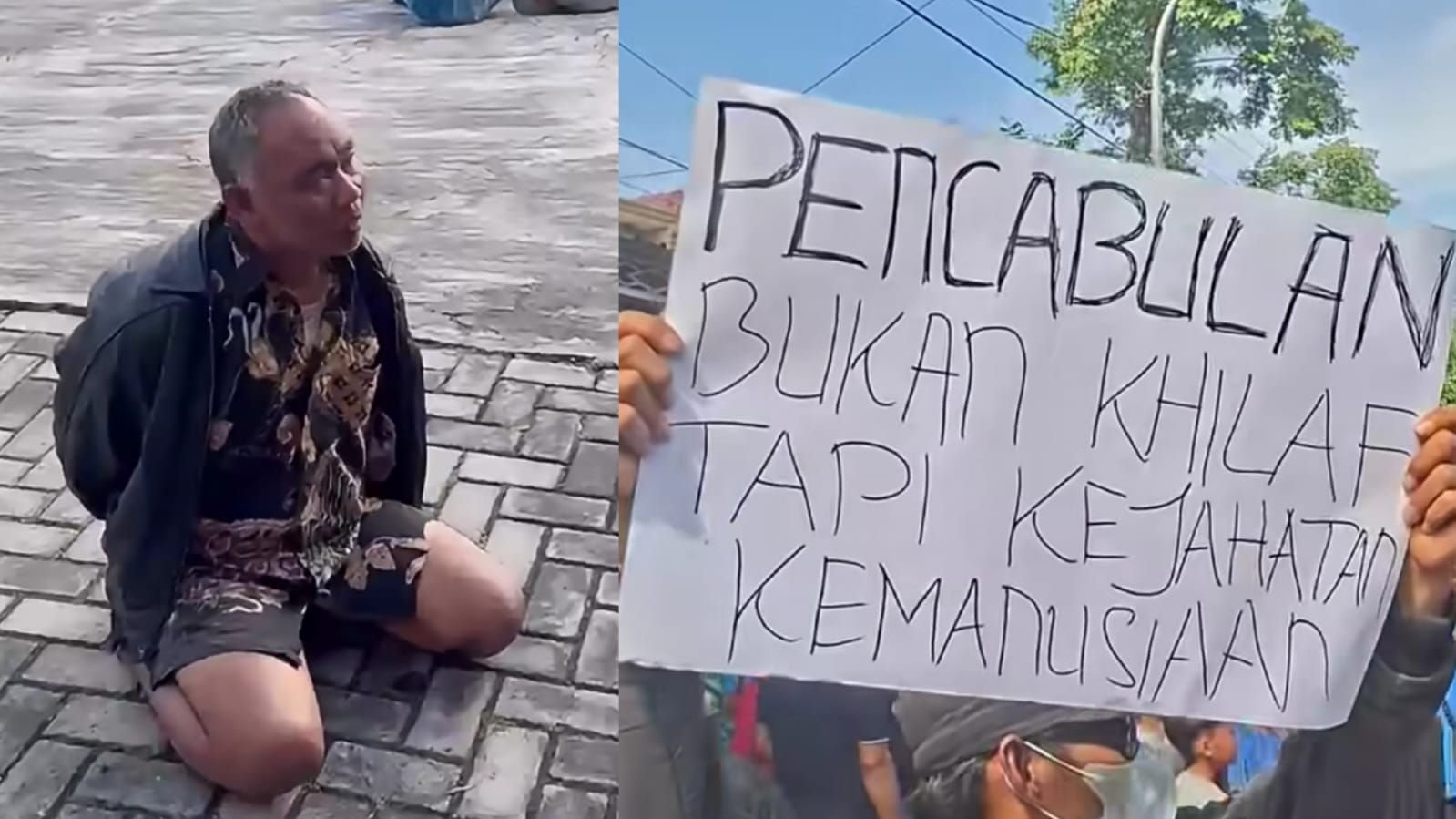 Oknum kiai cabul ponpes di Pati saat ditangkap di Wonogiri, 7 Mei 2026 (kiri) dan pesan aksi massa saat menggeruduk Ponpes Ndholo Kusumo pada 2 Mei 2026 (kanan).