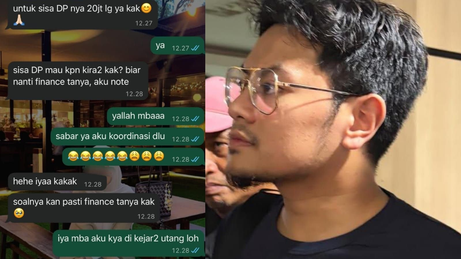 Pesan chat viral admin Hanania Travel kepada calon jemaah umrah dan Farhan (kanan) bos Hanania Travel yang kini jadi tersangka.