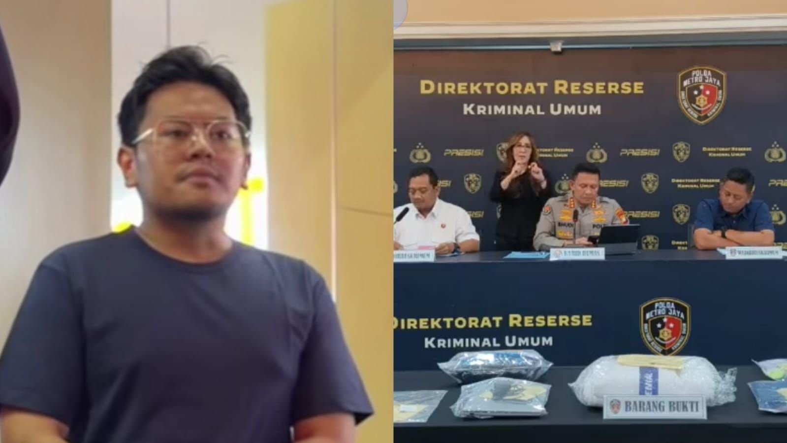 Bos Hanania Travel, ASF yang jadi tersangka (kiri) dan pemaparan kepolisian terkait penyidikan penggelapan dana calon jemaah umrah.