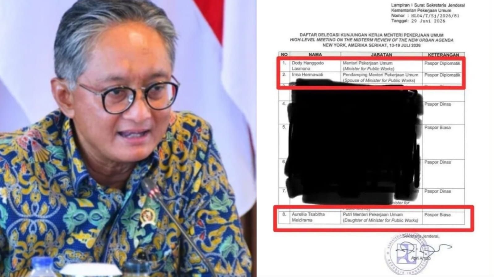 Ramai kebocoran surat perjalanan dinas Menteri PU Dody Hanggodo yang turut mengajak anaknya.