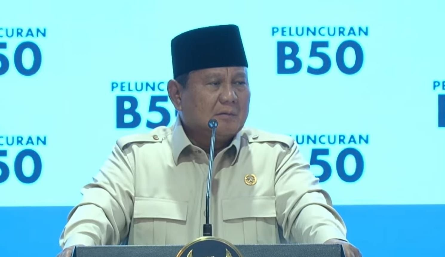 Presiden Prabowo saat membicarakan BBM harga mahal untuk orang kaya dalam acara peresmian mandatori B50 di Karawang, Jawa Barat