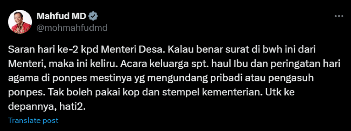 Cuitan Mahfud MD yang menuding Menteri Desa Yandri Susanto terkait surat undangan Kemendes untuk kepentingan pribadi.