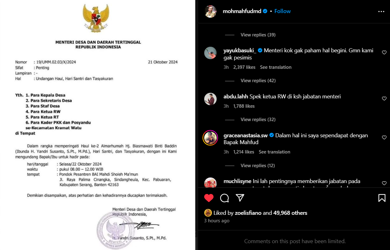 Postingan Mahfud MD terkait dugaan Surat Undangan Haul dari Menteri Desa Yandri Susanto.