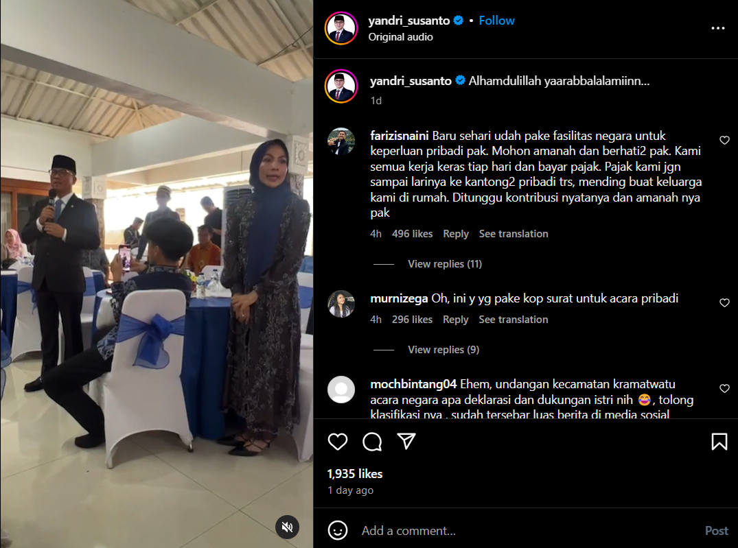 Postingan Terbaru Menteri Yandri Susanto yang menuai reaksi warganet terkait dugaan surat undangan Kemendes untuk acara pribadi.