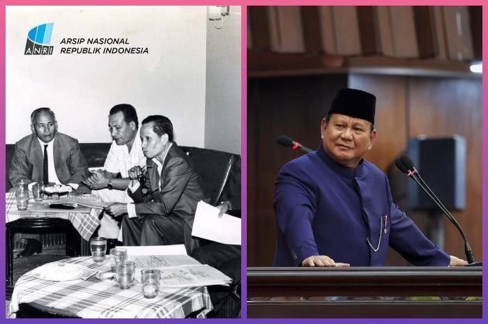 Potret para anggota Kabinet Dwikora Era Soekarno (kiri) dan Presiden RI Prabowo Subianto (kanan).